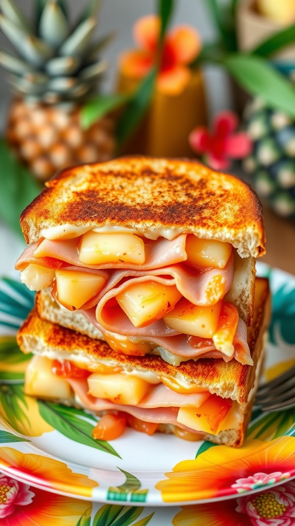 A delicious Hawaiian pizza grilled cheese sandwich stacked on a plate, featuring ham, pineapple, and cheese.