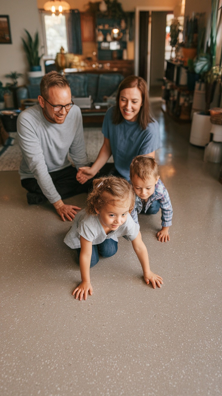 Children playing on a glossy epoxy floor in a bright room