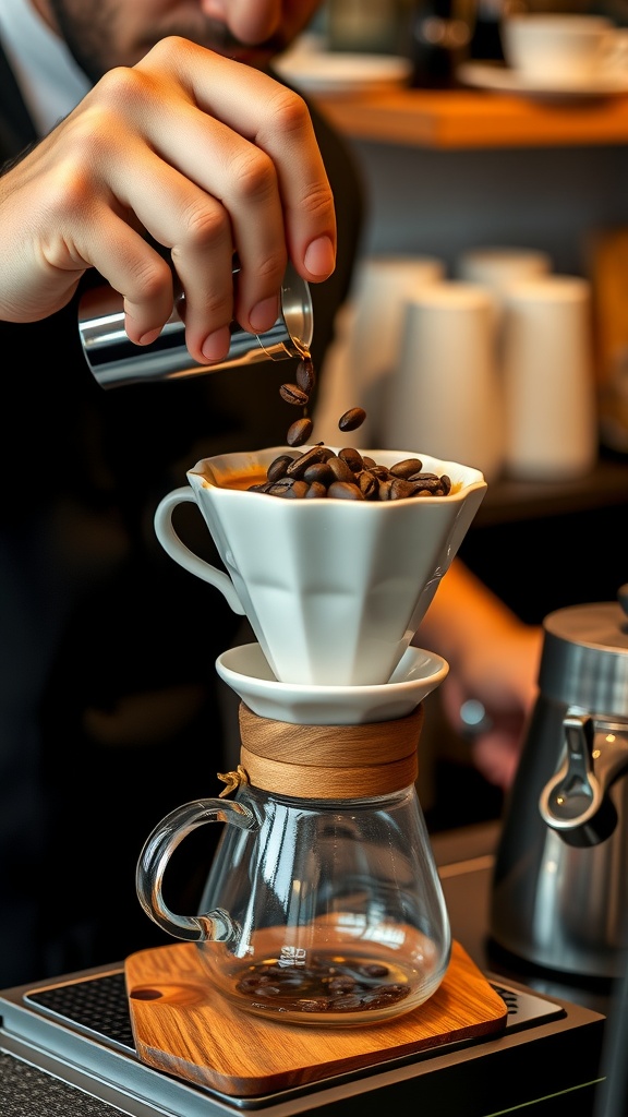 A steaming cup of coffee with coffee beans scattered around.