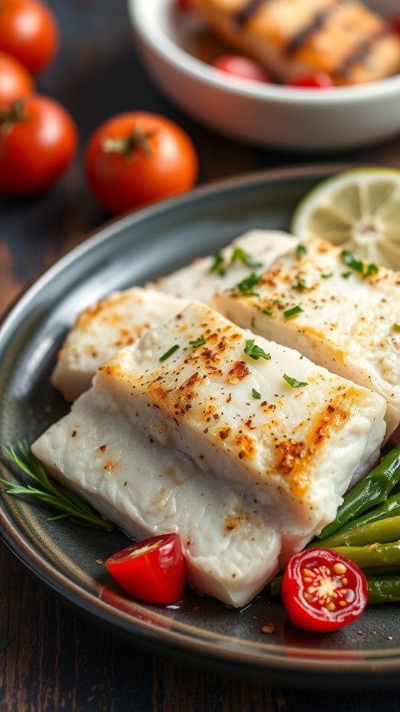 A plate of Lemon Butter Baked Cod with fresh herbs and lemon slices
