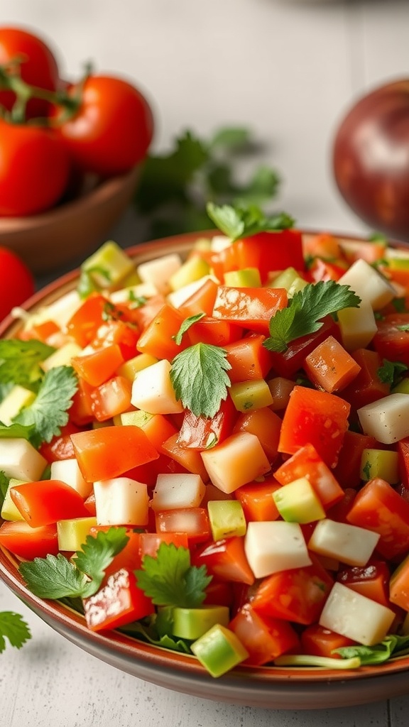 A vibrant bowl of pico de gallo salsa made with fresh ingredients.