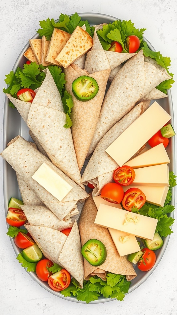 A platter featuring cheesy garlic chicken wraps, whole grain wraps, vegetables, and cheese.