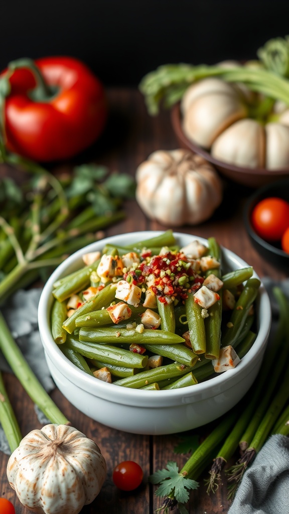 A healthy green bean casserole with fresh ingredients and a crunchy topping.