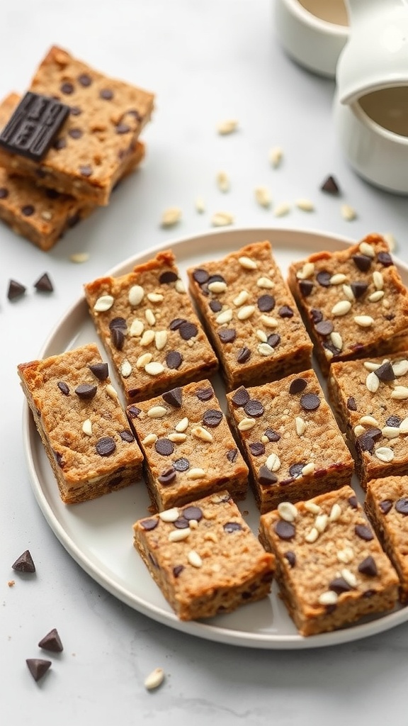 Healthy energy bars on a plate with chocolate chips and seeds scattered around.