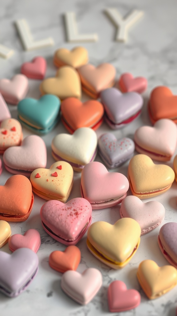 Colorful heart-shaped macarons arranged artfully.