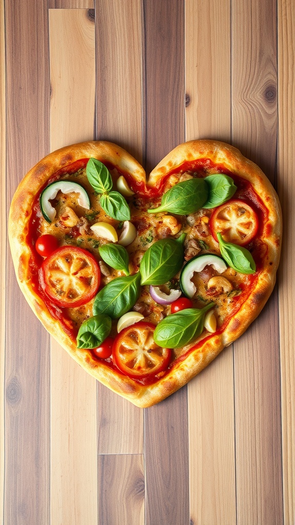 Heart-shaped pizza topped with gourmet ingredients