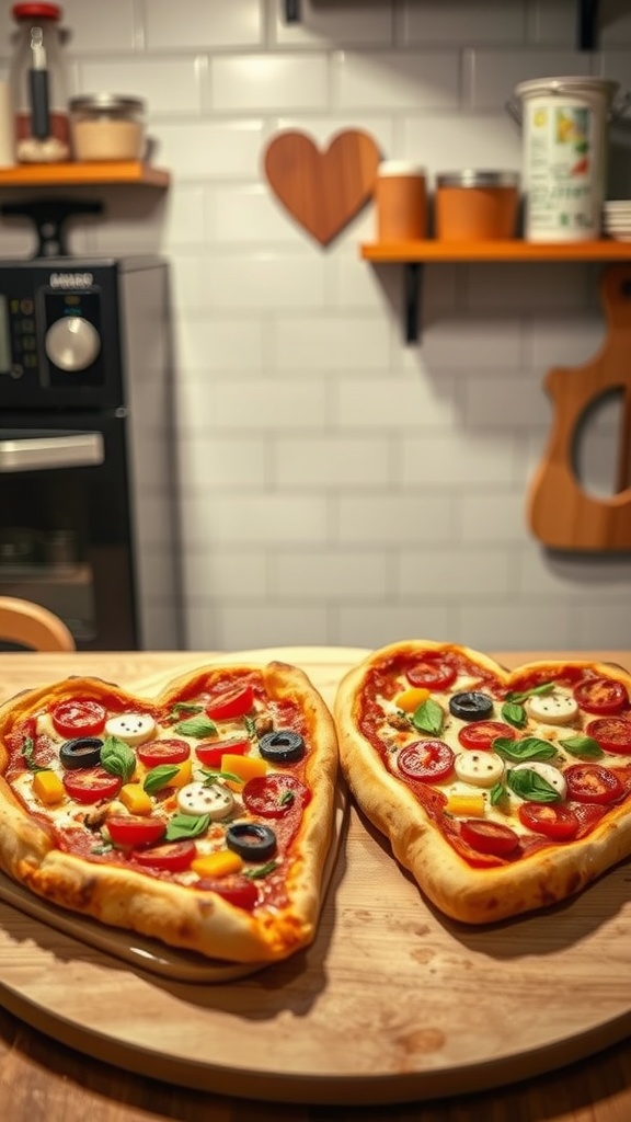 Two heart-shaped pizzas with various toppings on a wooden board.