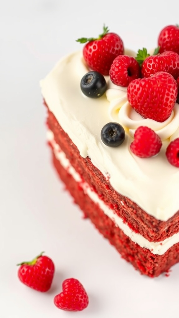 Delicious heart-shaped red velvet cake topped with cream cheese frosting and fresh berries.