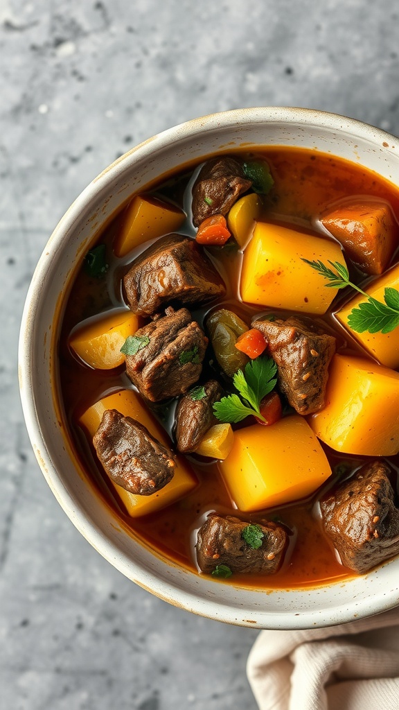 A bowl of hearty beef and potato stew with vibrant vegetables.