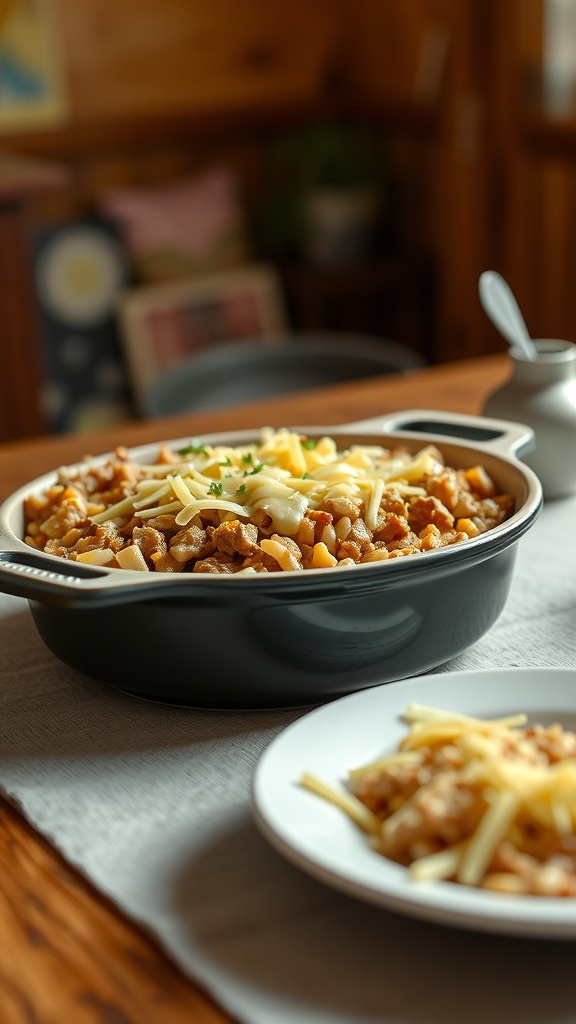 A hearty beef and rice casserole topped with cheese.