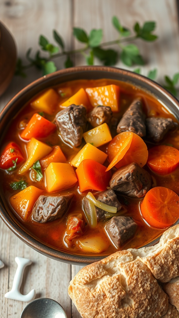 A hearty beef and vegetable stew in a bowl, surrounded by fresh vegetables and bread.