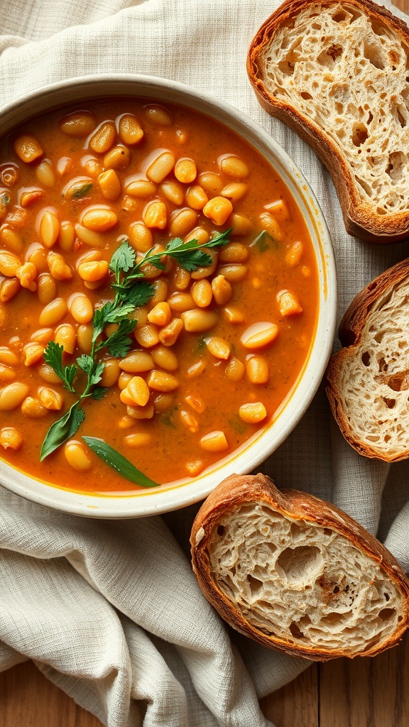 A bowl of hearty lentil soup with bread on the side