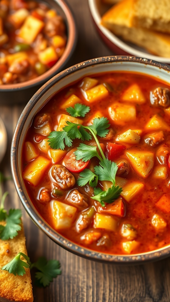 A bowl of hearty vegetable chili with fresh cilantro on top.