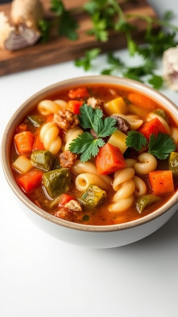 A bowl of hearty vegetable minestrone filled with colorful vegetables and pasta.