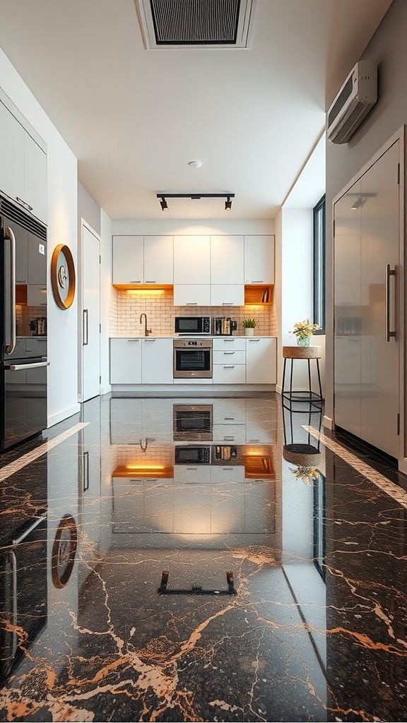A modern kitchen with glossy black and gold epoxy flooring, reflecting light and showcasing a sleek design.