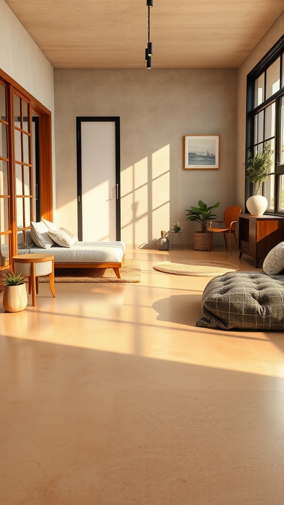 A cozy living space featuring a rustic cement floor, warm sunlight filtering in, and stylish minimalist decor.