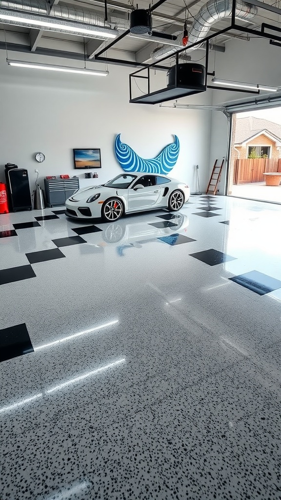 A high-quality epoxy garage floor featuring a sleek design and a luxury car parked on it.