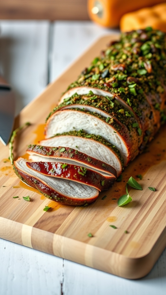 A beautifully sliced herb-crusted pork tenderloin on a wooden cutting board.