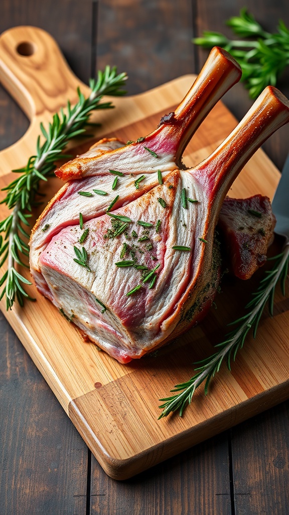 A beautifully prepared herb-crusted rack of lamb resting on a wooden cutting board with fresh herbs.