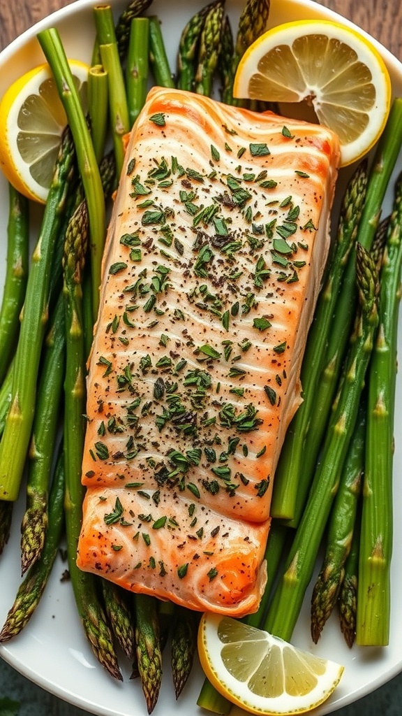 A plate of herb-crusted salmon topped with herbs, surrounded by asparagus and lemon slices.