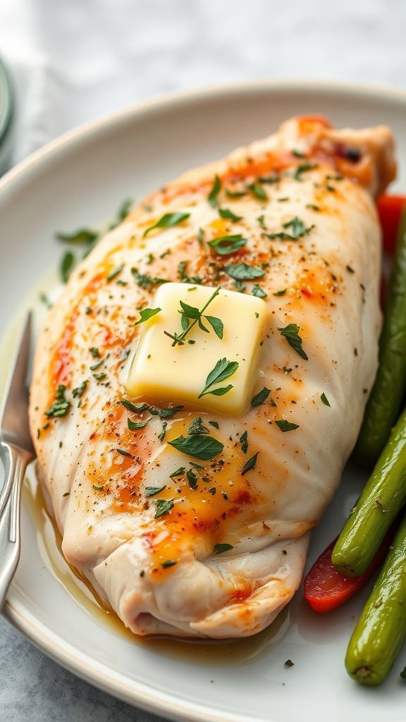 Herb-infused butter basted chicken breast with green beans and red pepper