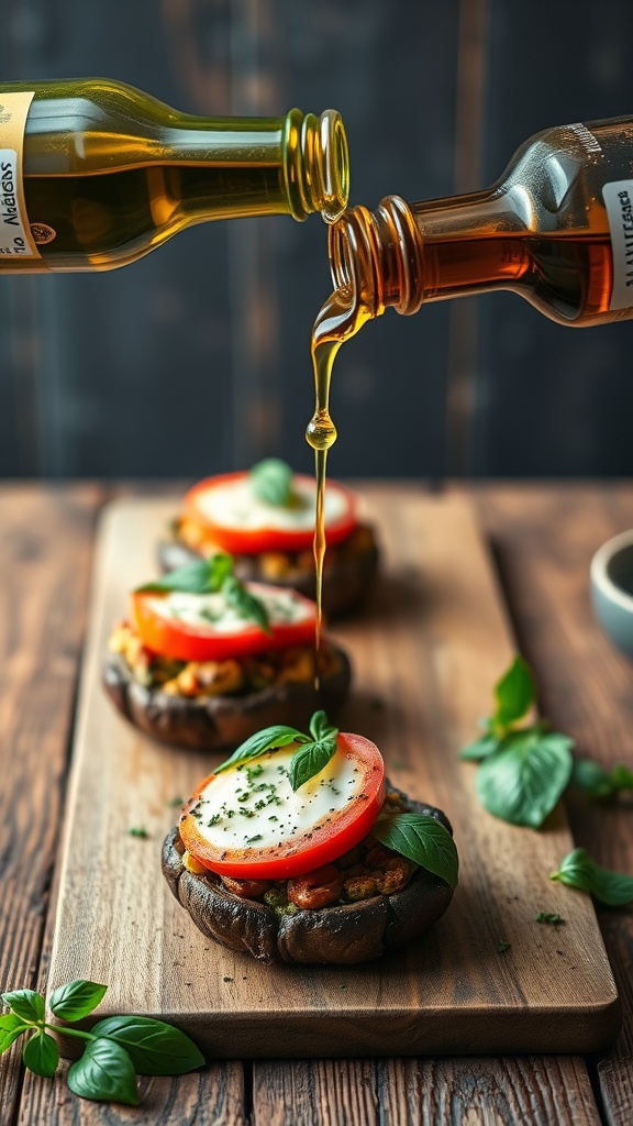 Herb-infused olive oil being drizzled over caprese stuffed portobello mushrooms.