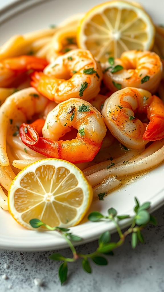 A delicious plate of shrimp scampi with pasta, garnished with lemon slices and herbs.