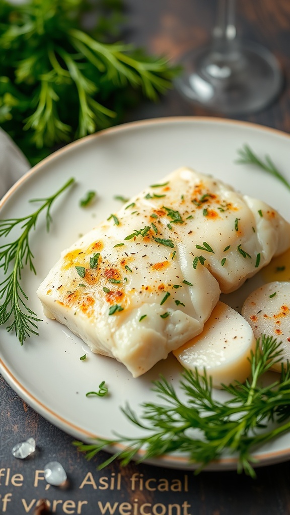 Baked cod fillets garnished with herbs on a plate