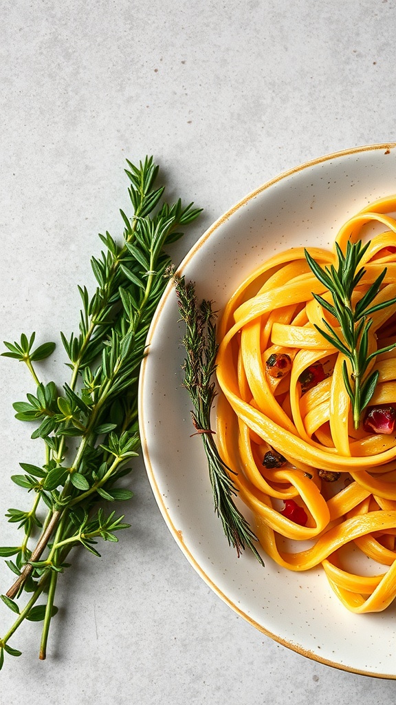 A bowl of creamy vegan pasta garnished with fresh herbs.