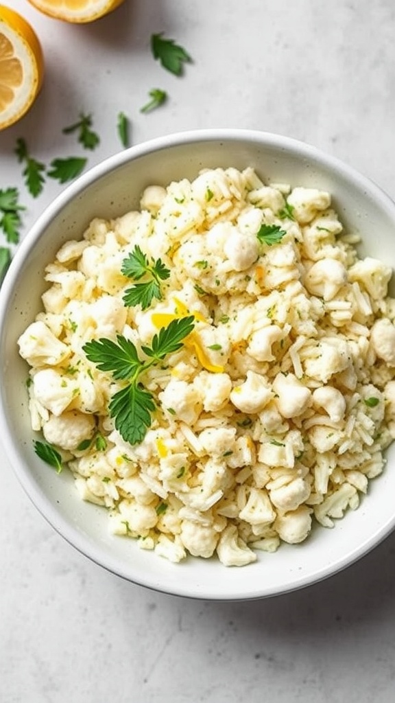 Bowl of herbed cauliflower rice garnished with fresh herbs and lemon