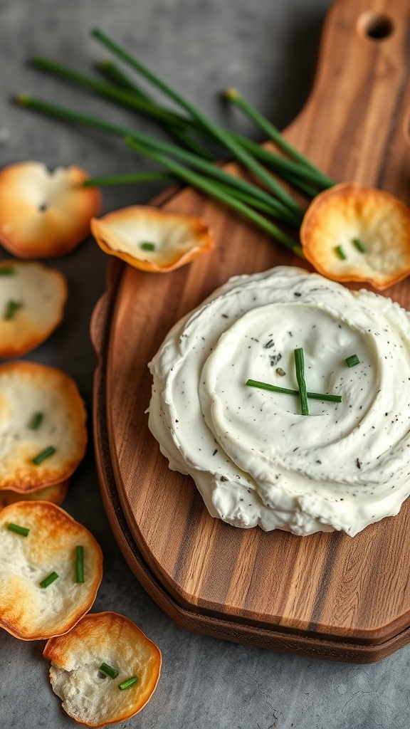 A creamy herbed cream cheese spread with chives displayed on a wooden board.