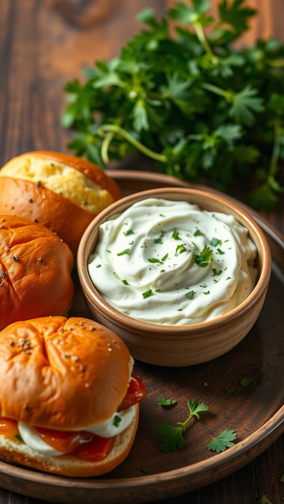 A bowl of herbed cream cheese spread with Hawaiian sliders on the side.