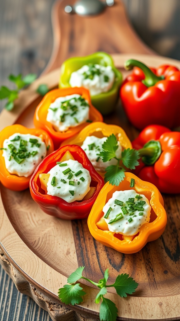 Colorful stuffed peppers filled with herbed goat cheese and garnished with fresh herbs.