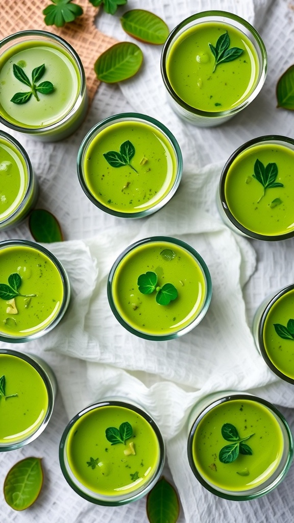 Green pea soup shots garnished with herbs