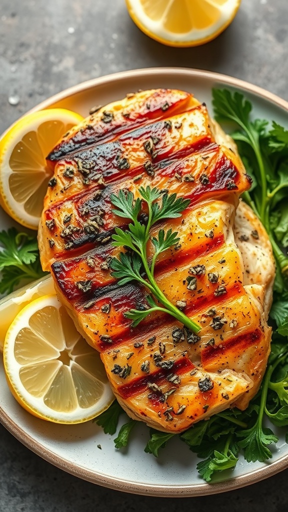 Herbed grilled chicken breast served with lemon and parsley