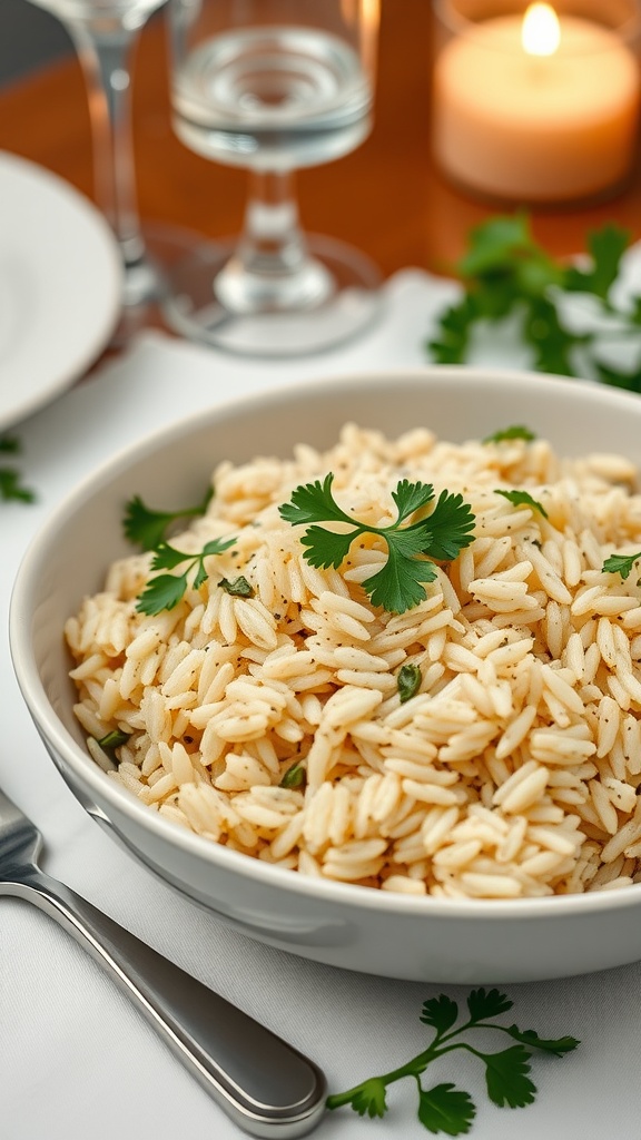 Delicious herbed rice pilaf garnished with fresh herbs