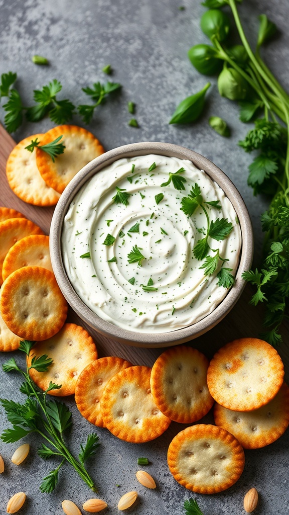 Delicious herbed ricotta dip with crackers and fresh herbs
