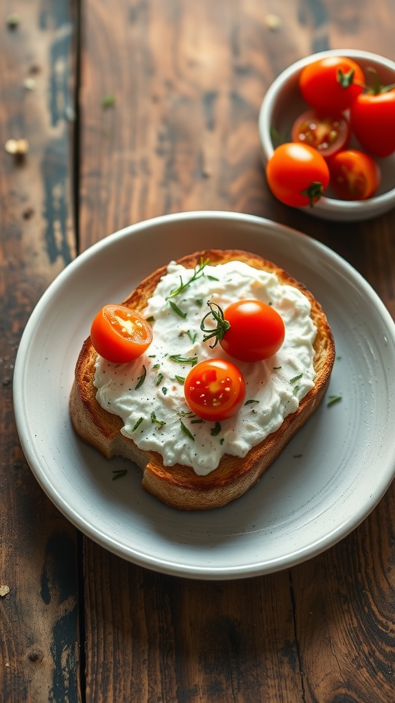 Herbed Ricotta spread on toasted sourdough bread, topped with cherry tomatoes.