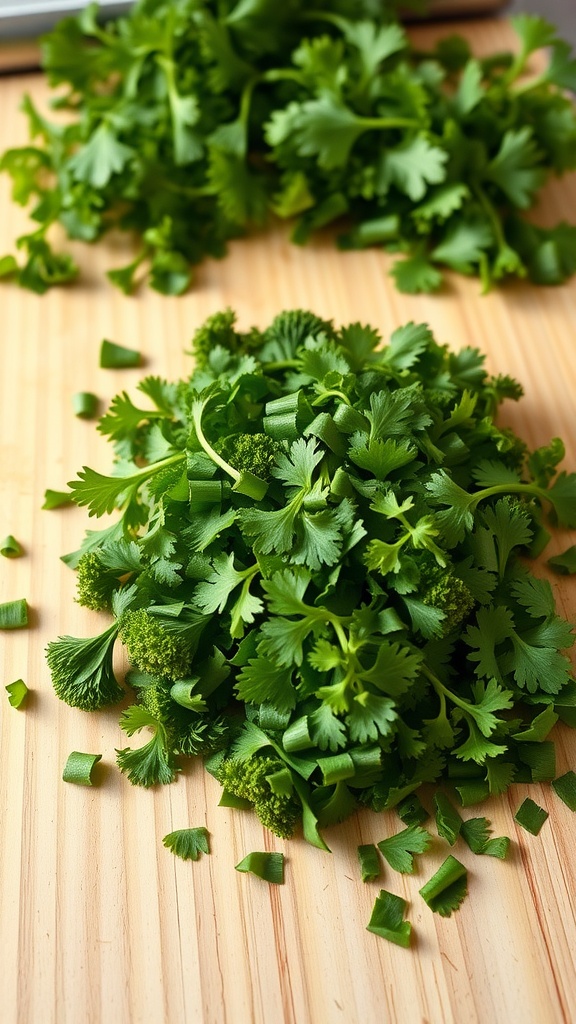 Freshly chopped cilantro on a wooden cutting board.