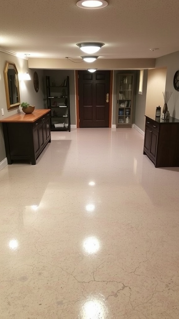 A stylish basement interior featuring a herringbone pattern epoxy floor, black ceiling, and modern decor.