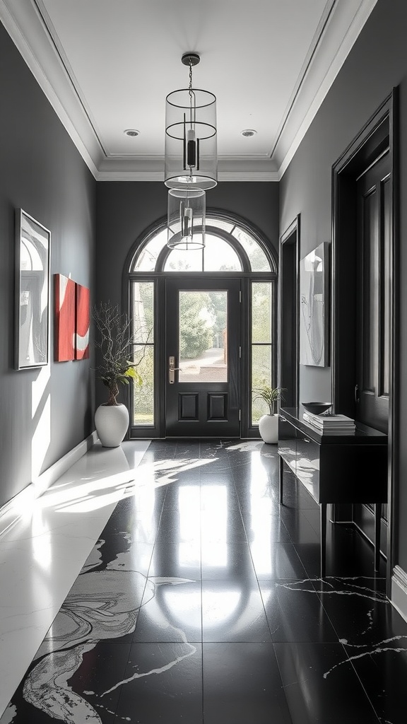 Stylish high-contrast black and white concrete floor in a modern home interior