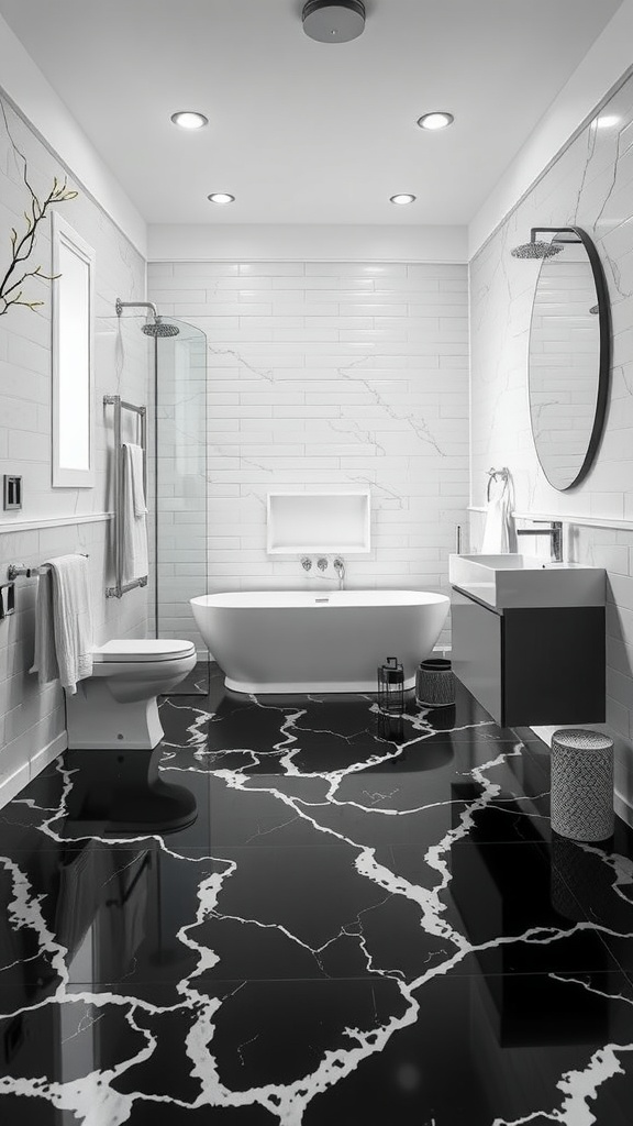 A modern bathroom featuring a black and white epoxy floor design with marble patterns.