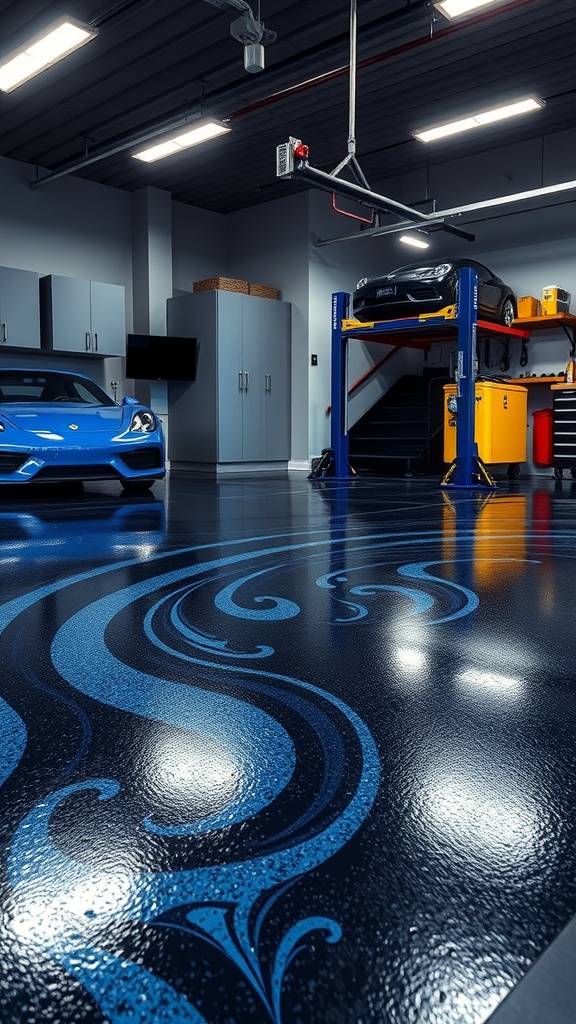 A stylish garage featuring black and blue epoxy flooring with a modern design.