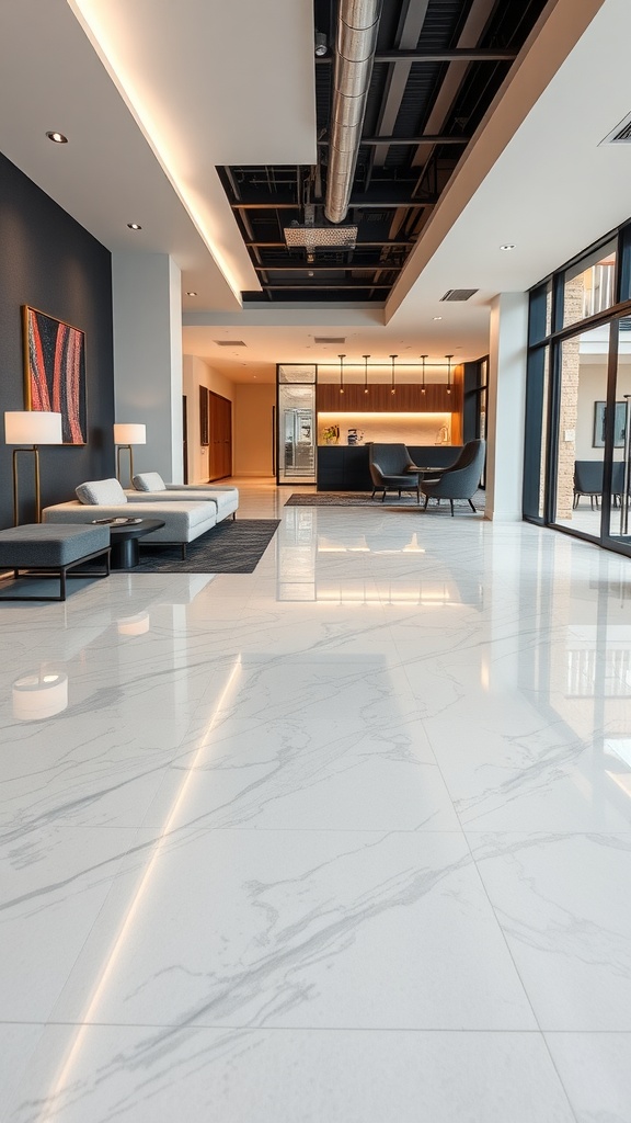 A modern lobby with glossy white epoxy floors featuring gray veining, accentuated by stylish furniture and lighting.