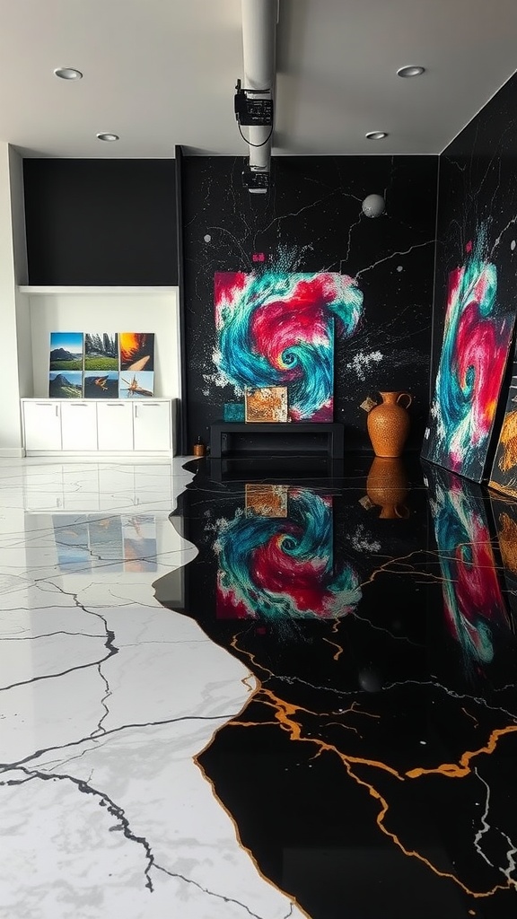 A stylish interior showcasing high-contrast epoxy flooring with a blend of black, white, and colorful accents, accompanied by modern artwork on the walls.