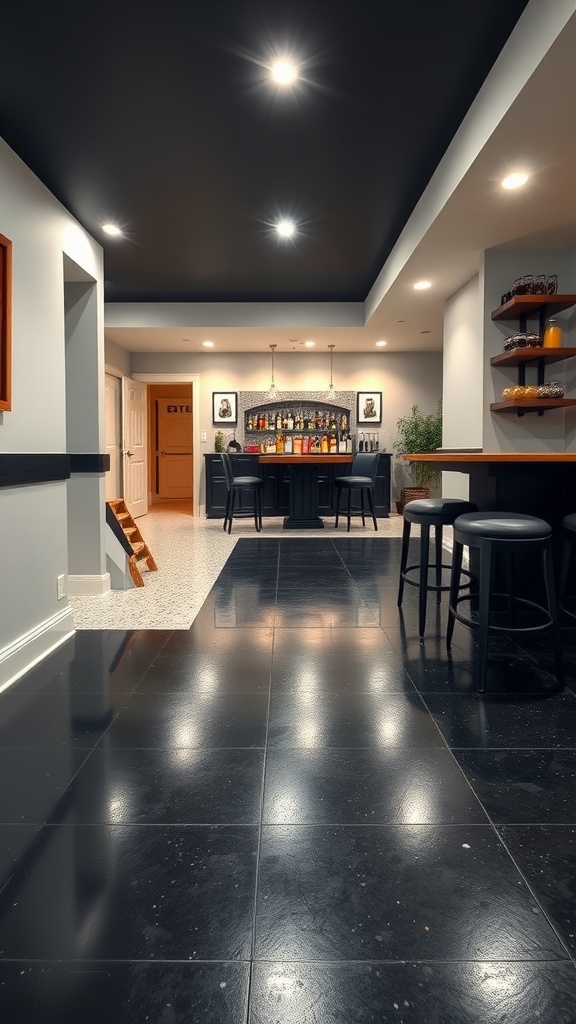 Modern basement with high-contrast black epoxy floor and light walls, featuring a bar area.