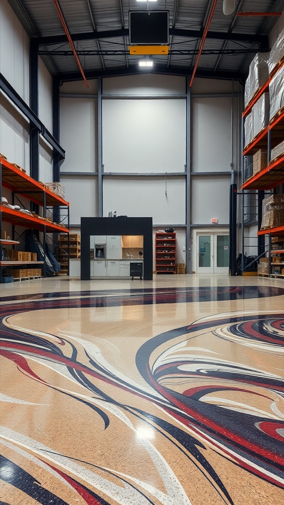 A spacious interior with a sleek epoxy floor featuring swirling patterns in cream, red, and navy blue.
