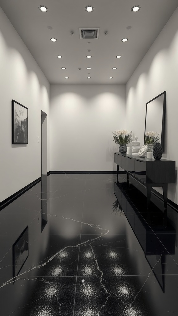 A sleek interior with a high-gloss black epoxy floor, bright lighting, and minimalistic decor.