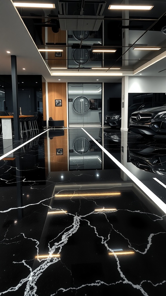 High-gloss black epoxy floor with white veining, resembling marble, in a sleek modern space.
