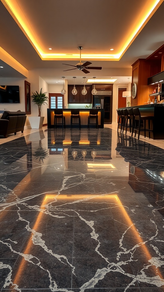 A high-gloss polished resin floor resembling marble in a modern kitchen with warm lighting.